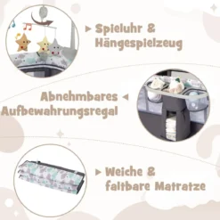 5 in 1 Beistellbett klappbar Reisebett mit Matratze 2 Ebene Babybett mit Rollen Beige/Grau/Braun