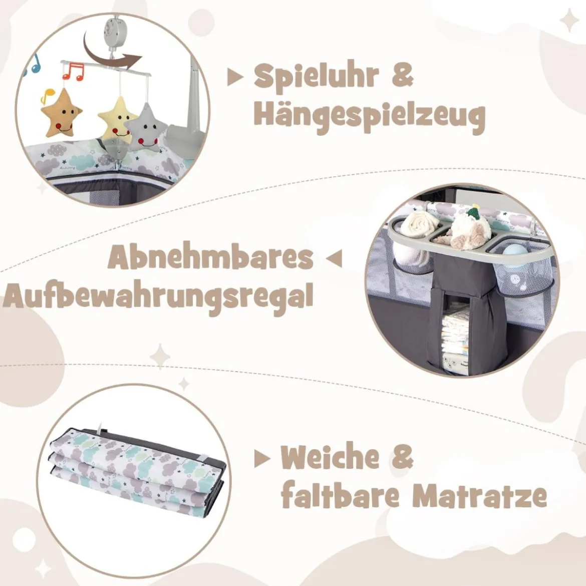 5 in 1 Beistellbett klappbar Reisebett mit Matratze 2 Ebene Babybett mit Rollen Beige/Grau/Braun