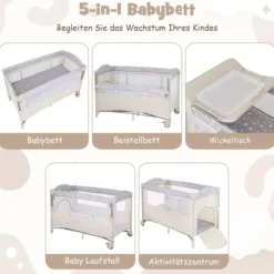 5 in 1 Beistellbett klappbar Reisebett mit Matratze 2 Ebene Babybett mit Rollen Beige/Grau/Braun