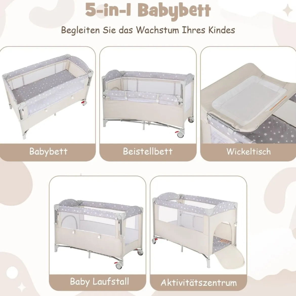 5 in 1 Beistellbett klappbar Reisebett mit Matratze 2 Ebene Babybett mit Rollen Beige/Grau/Braun