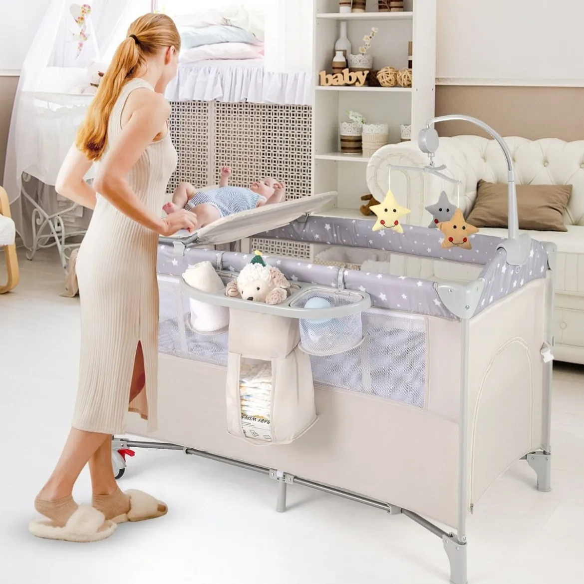 5 in 1 Beistellbett klappbar Reisebett mit Matratze 2 Ebene Babybett mit Rollen Beige/Grau/Braun