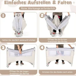 5 in 1 Beistellbett klappbar Reisebett mit Matratze 2 Ebene Babybett mit Rollen Beige/Grau/Braun