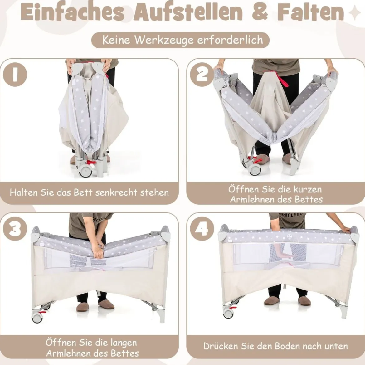5 in 1 Beistellbett klappbar Reisebett mit Matratze 2 Ebene Babybett mit Rollen Beige/Grau/Braun
