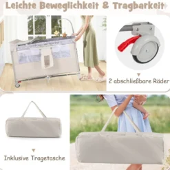 5 in 1 Beistellbett klappbar Reisebett mit Matratze 2 Ebene Babybett mit Rollen Beige/Grau/Braun