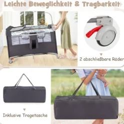 5 in 1 Beistellbett klappbar Reisebett mit Matratze 2 Ebene Babybett mit Rollen Beige/Grau/Braun
