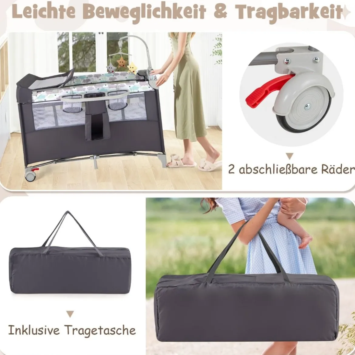 5 in 1 Beistellbett klappbar Reisebett mit Matratze 2 Ebene Babybett mit Rollen Beige/Grau/Braun