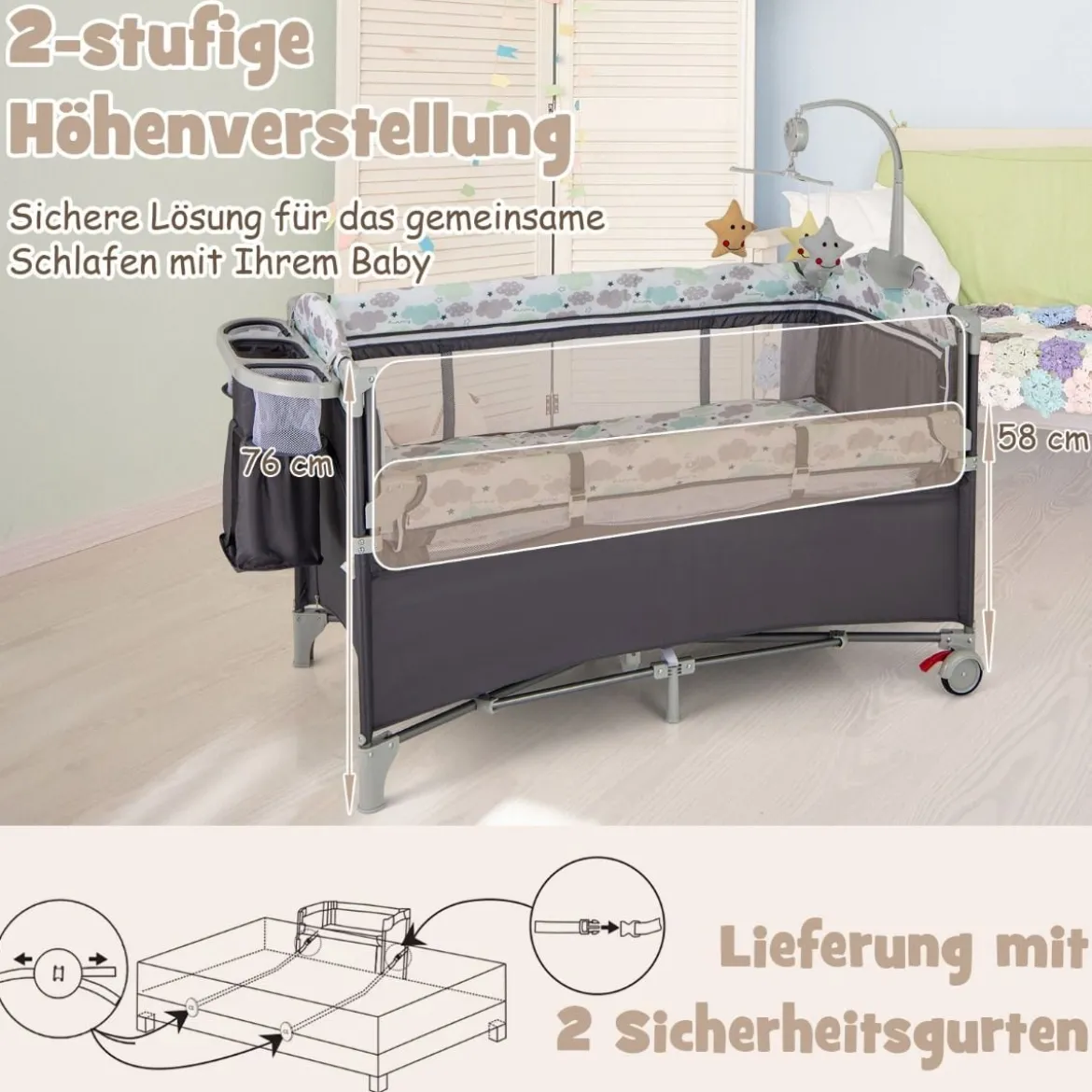 5 in 1 Beistellbett klappbar Reisebett mit Matratze 2 Ebene Babybett mit Rollen Beige/Grau/Braun