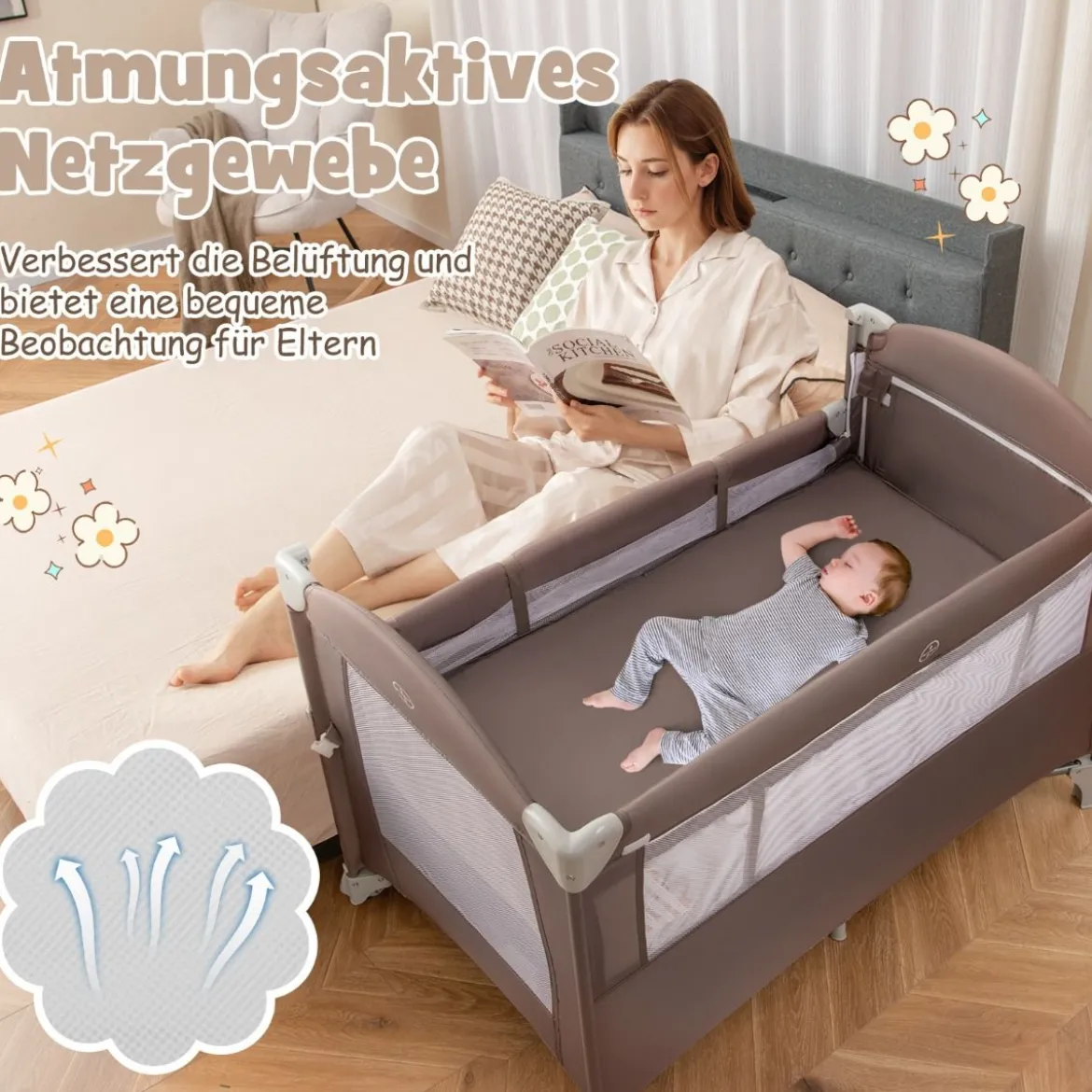 5 in 1 Beistellbett klappbar Reisebett mit Matratze 2 Ebene Babybett mit Rollen Beige/Grau/Braun