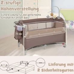 5 in 1 Beistellbett klappbar Reisebett mit Matratze 2 Ebene Babybett mit Rollen Beige/Grau/Braun