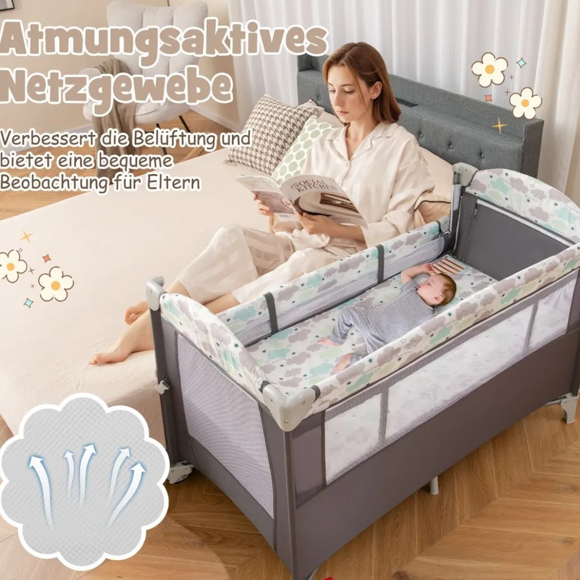 5 in 1 Beistellbett klappbar Reisebett mit Matratze 2 Ebene Babybett mit Rollen Beige/Grau/Braun