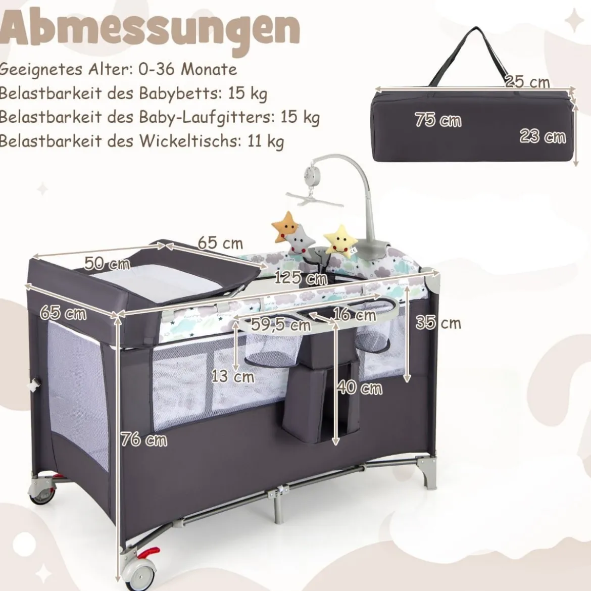 5 in 1 Beistellbett klappbar Reisebett mit Matratze 2 Ebene Babybett mit Rollen Beige/Grau/Braun
