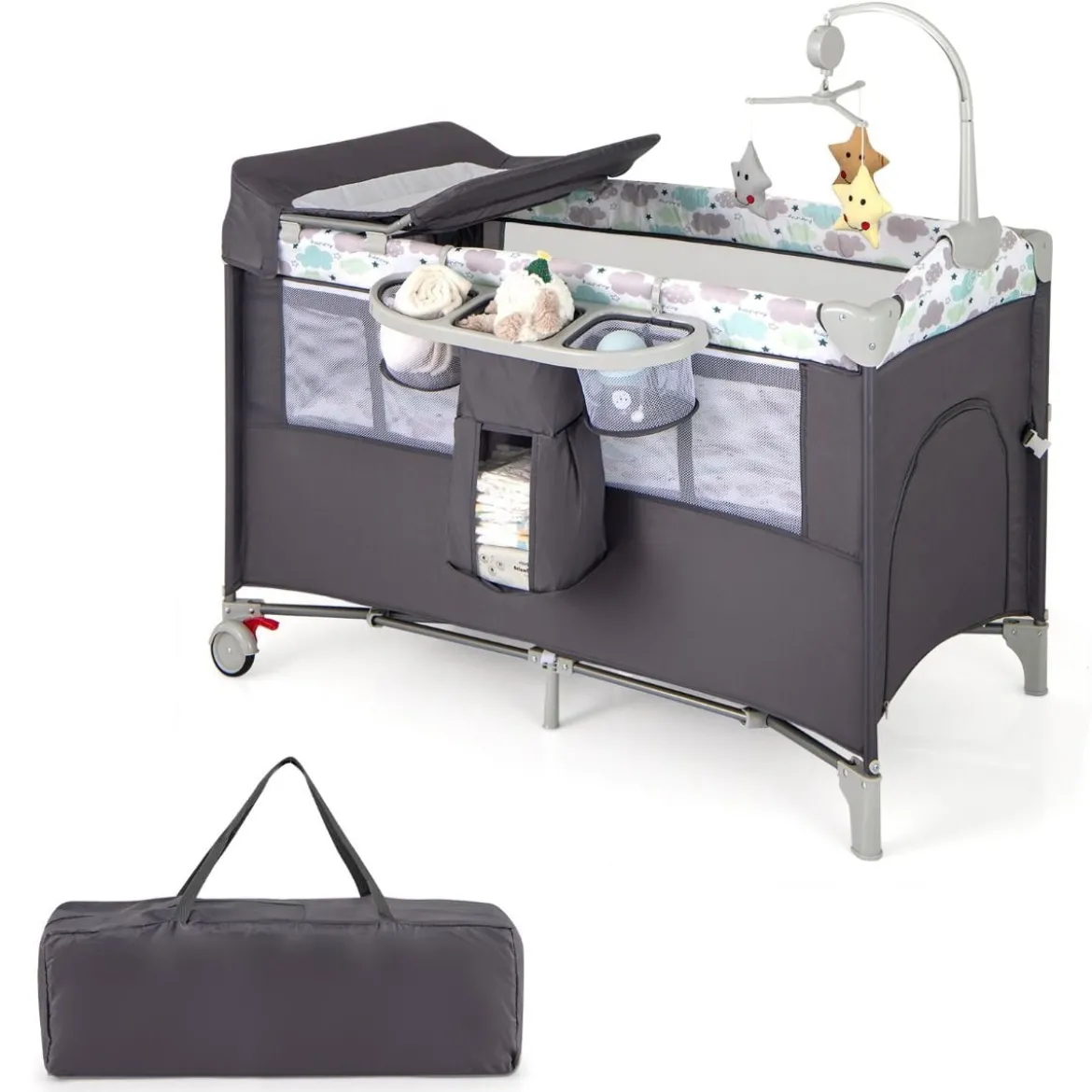 5 in 1 Beistellbett klappbar Reisebett mit Matratze 2 Ebene Babybett mit Rollen Beige/Grau/Braun
