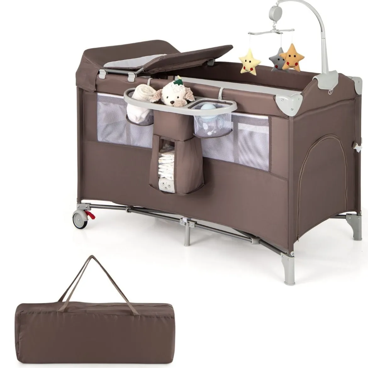 5 in 1 Beistellbett klappbar Reisebett mit Matratze 2 Ebene Babybett mit Rollen Beige/Grau/Braun