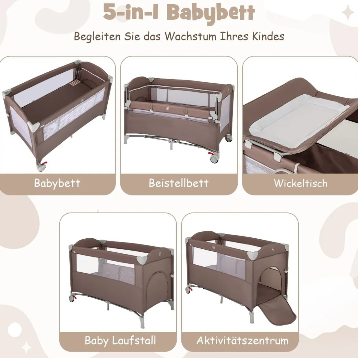 5 in 1 Beistellbett klappbar Reisebett mit Matratze 2 Ebene Babybett mit Rollen Beige/Grau/Braun