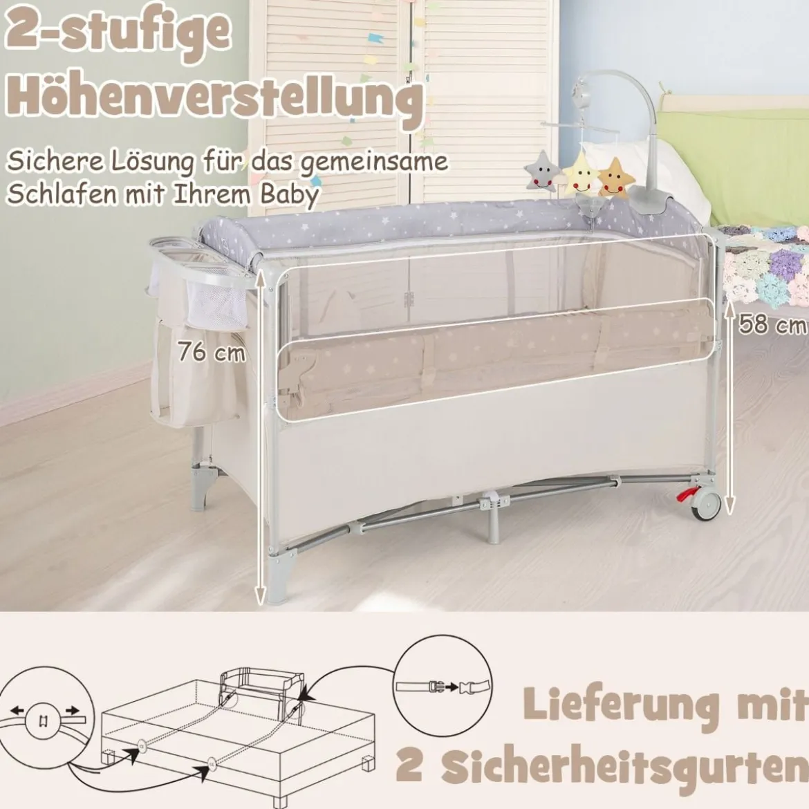 5 in 1 Beistellbett klappbar Reisebett mit Matratze 2 Ebene Babybett mit Rollen Beige/Grau/Braun