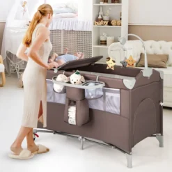 5 in 1 Beistellbett klappbar Reisebett mit Matratze 2 Ebene Babybett mit Rollen Beige/Grau/Braun