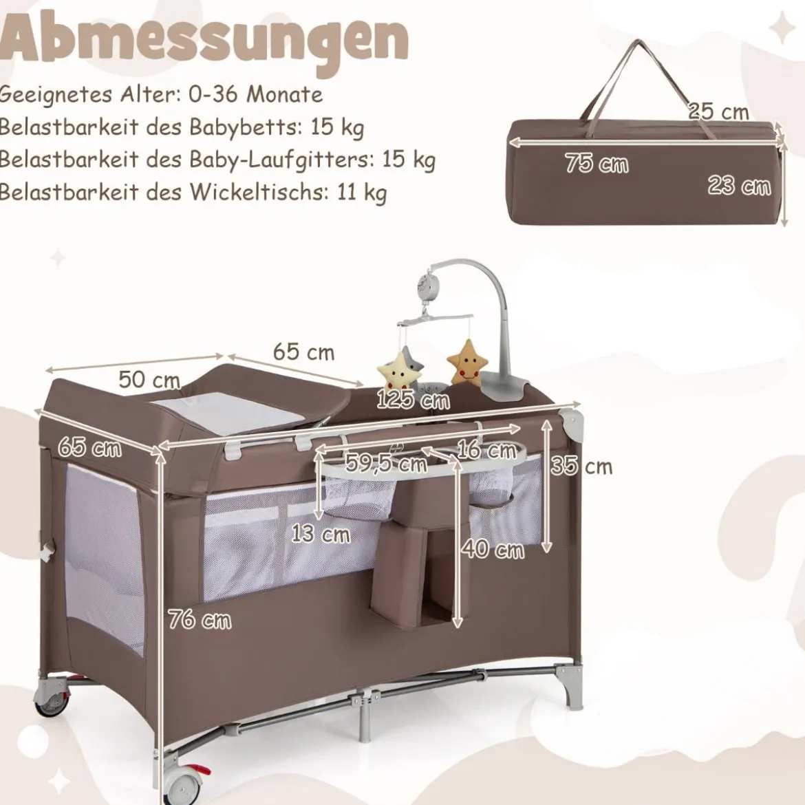 5 in 1 Beistellbett klappbar Reisebett mit Matratze 2 Ebene Babybett mit Rollen Beige/Grau/Braun