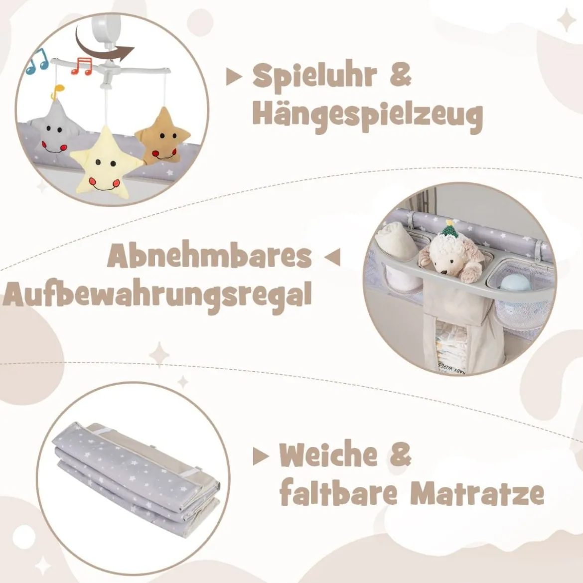 5 in 1 Beistellbett klappbar Reisebett mit Matratze 2 Ebene Babybett mit Rollen Beige/Grau/Braun