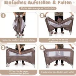 5 in 1 Beistellbett klappbar Reisebett mit Matratze 2 Ebene Babybett mit Rollen Beige/Grau/Braun