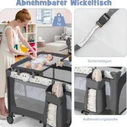 3 IN 1 Beistellbett Klappbar Reisebett mit Matratze Hängespielzeug Beige