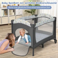 3 IN 1 Beistellbett Klappbar Reisebett mit Matratze Hängespielzeug Beige