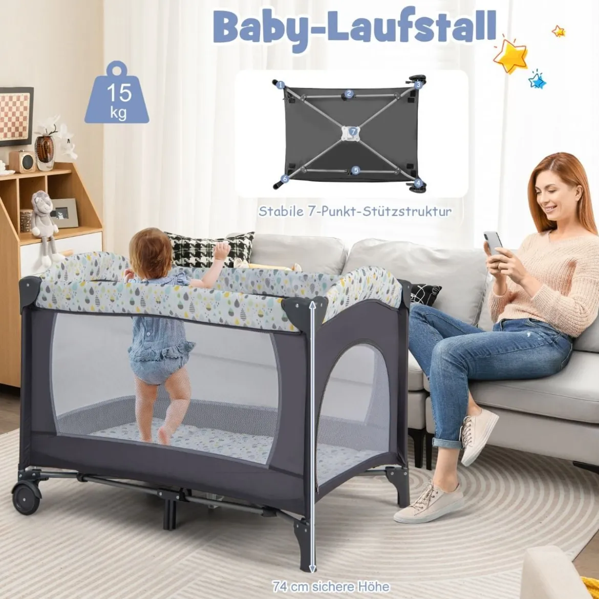 3 IN 1 Beistellbett Klappbar Reisebett mit Matratze Hängespielzeug Beige
