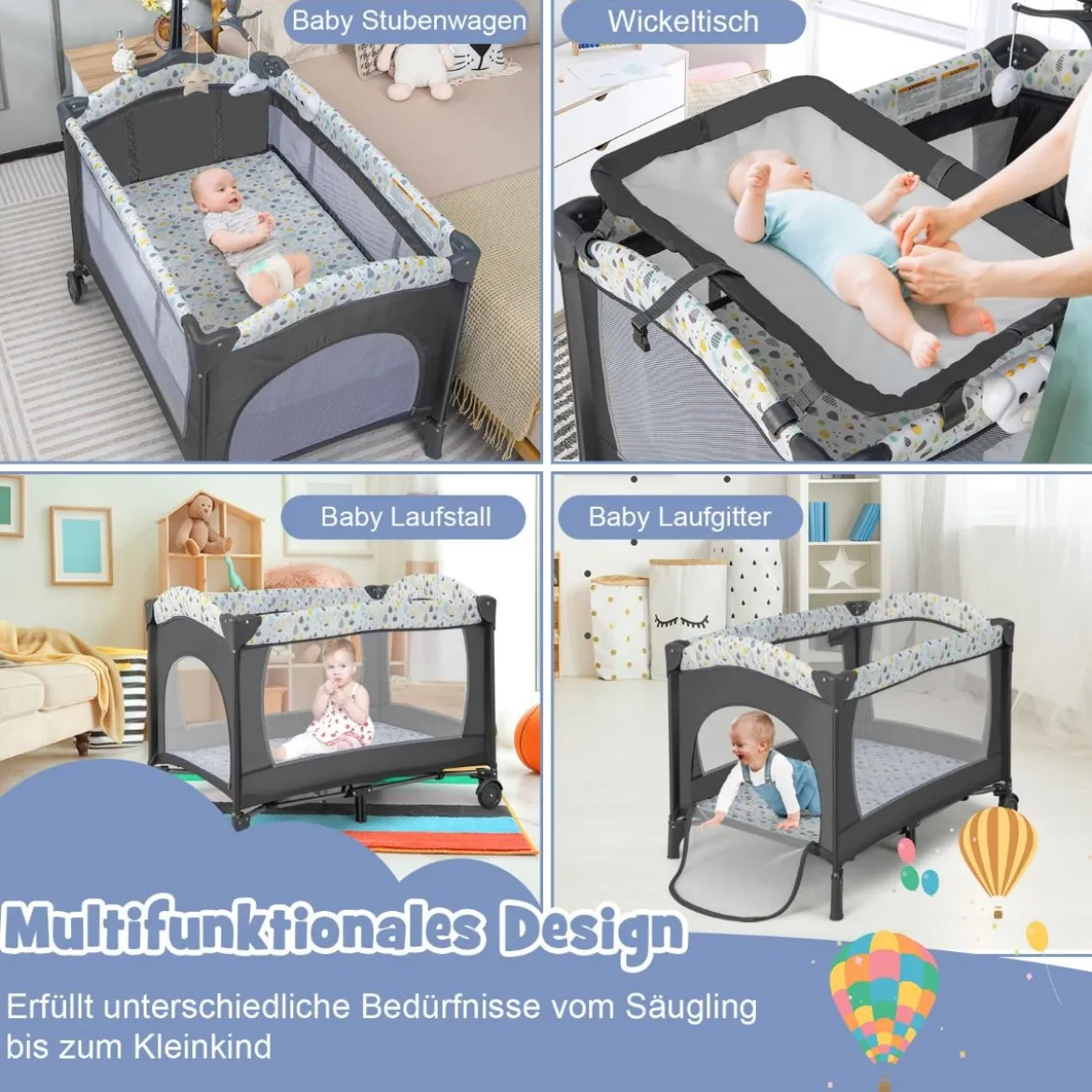 3 IN 1 Beistellbett Klappbar Reisebett mit Matratze Hängespielzeug Beige