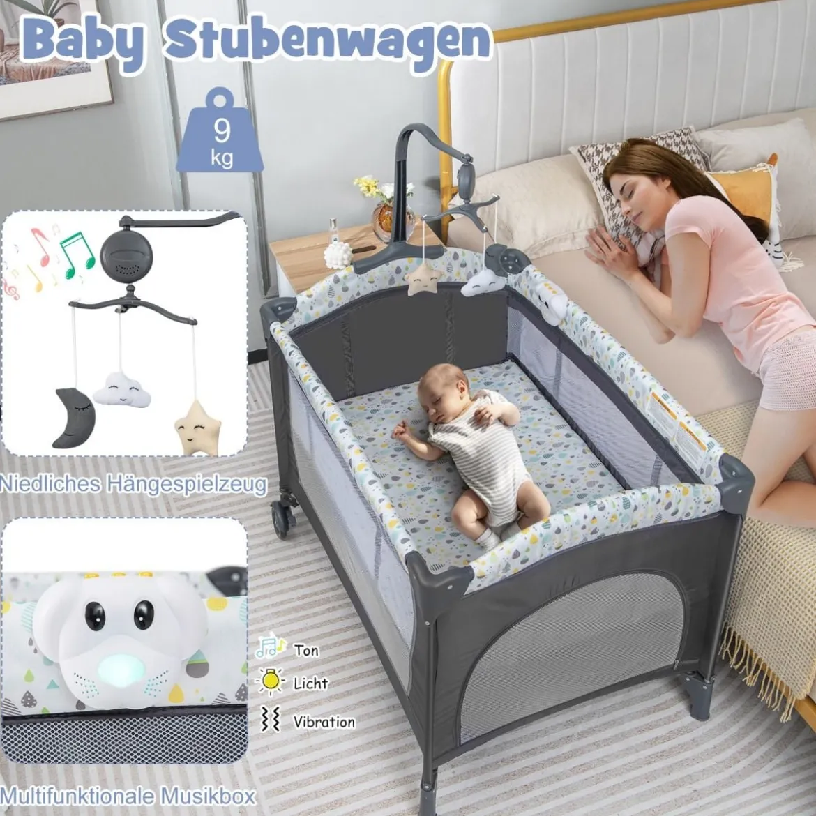 3 IN 1 Beistellbett Klappbar Reisebett mit Matratze Hängespielzeug Beige