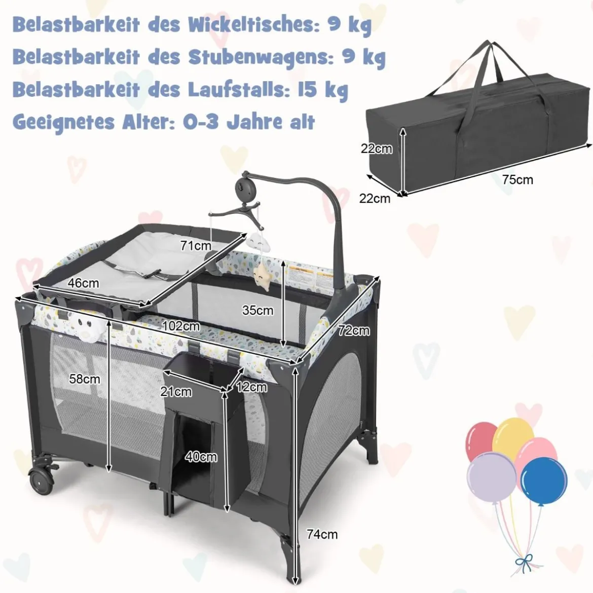 3 IN 1 Beistellbett Klappbar Reisebett mit Matratze Hängespielzeug Beige