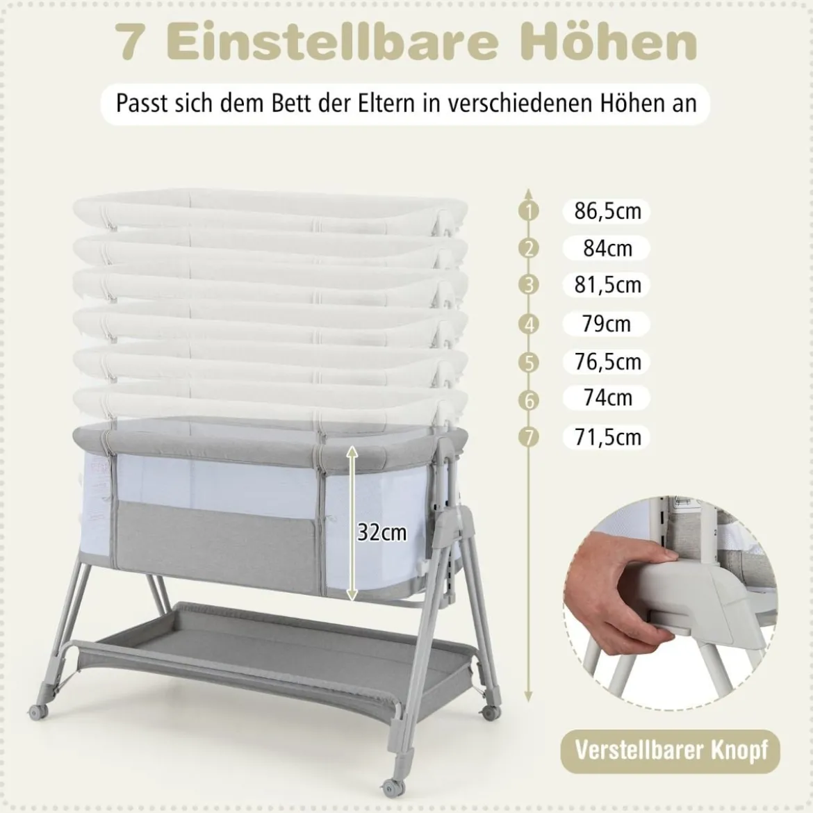 2 in 1 Beistellbett & Stubenwagen mit 7 Verstellbaren Höhen & Matratze & Tragetasche & Gurte