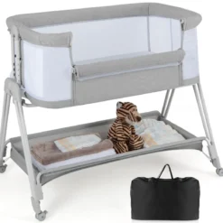 2 in 1 Beistellbett & Stubenwagen mit 7 Verstellbaren Höhen & Matratze & Tragetasche & Gurte