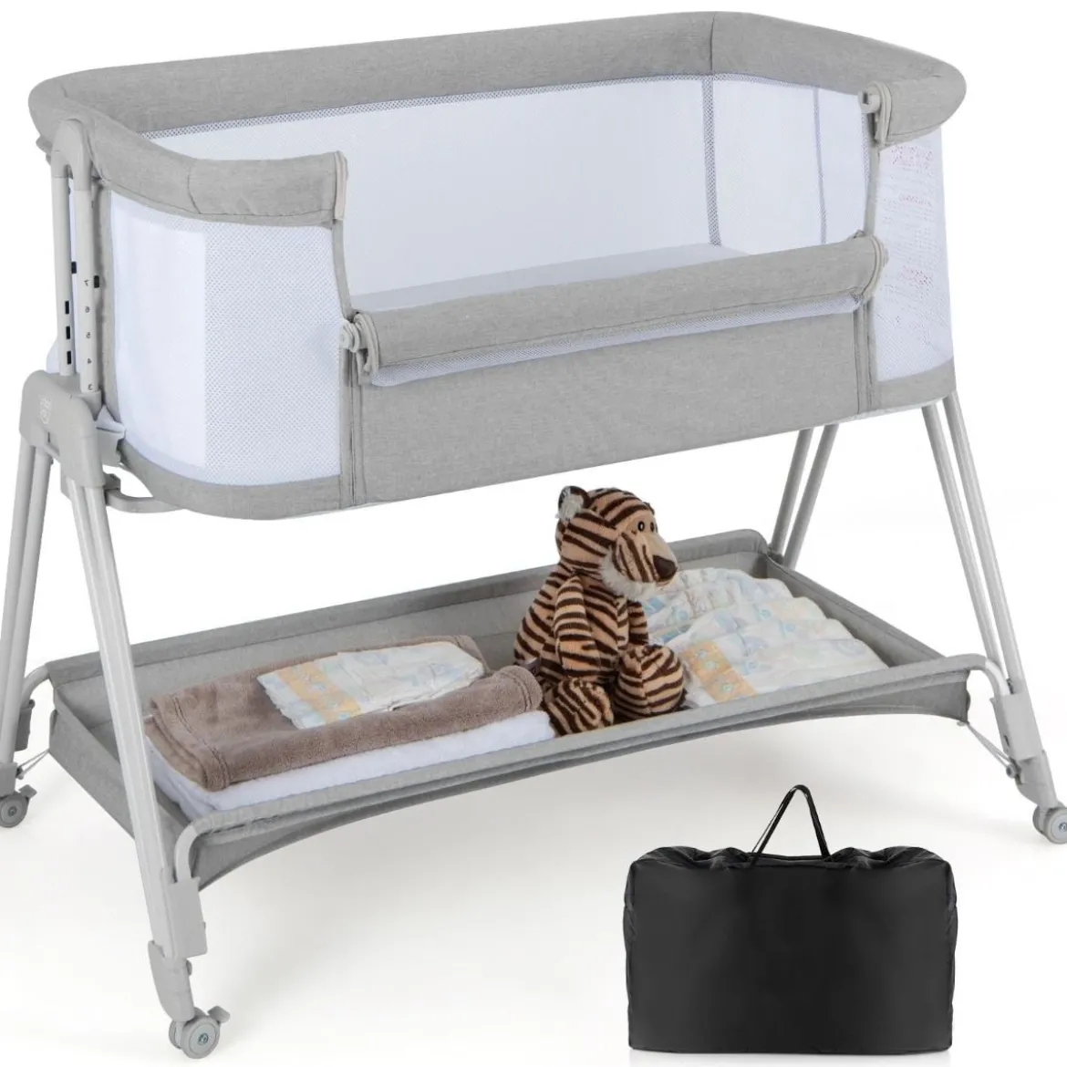 2 in 1 Beistellbett & Stubenwagen mit 7 Verstellbaren Höhen & Matratze & Tragetasche & Gurte
