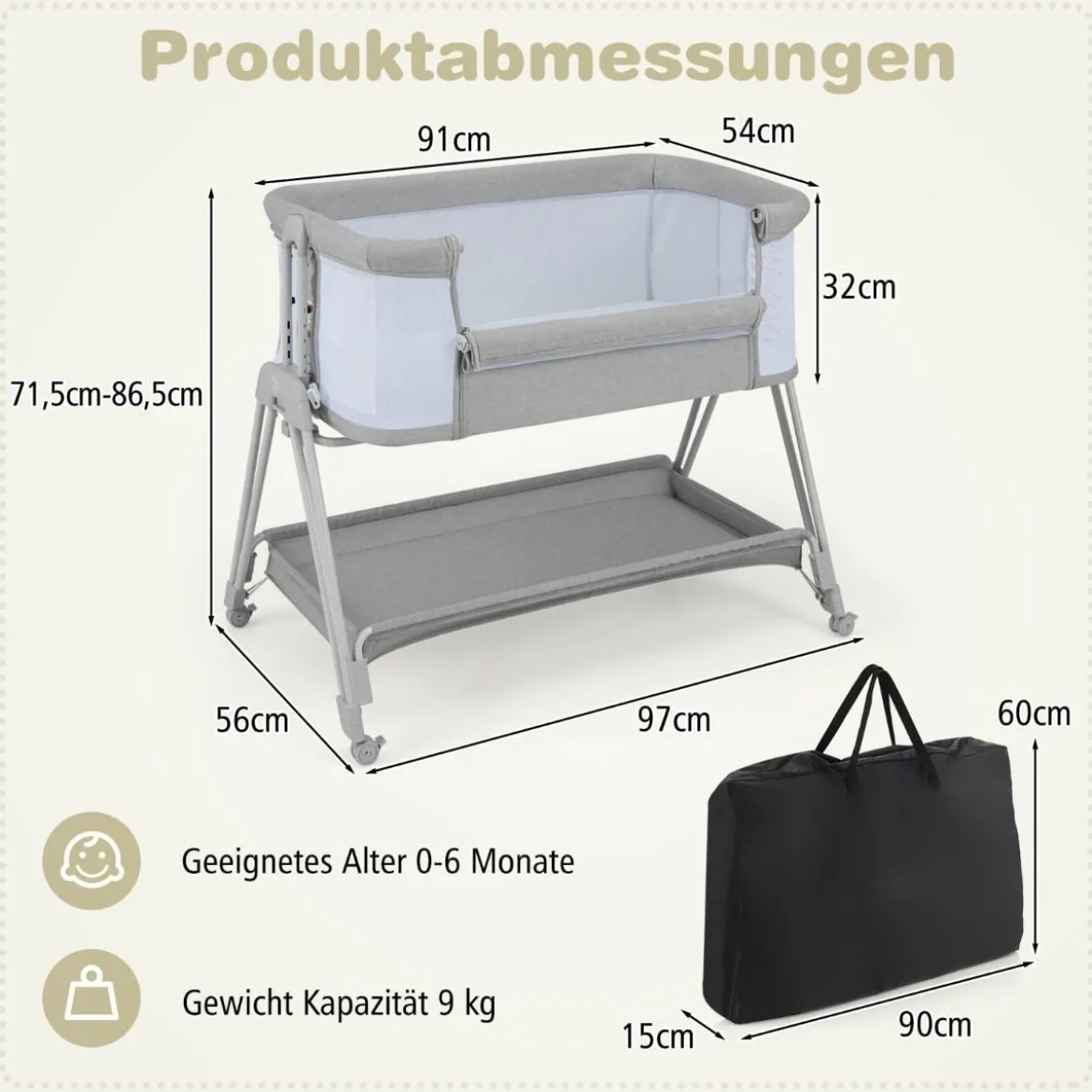 2 in 1 Beistellbett & Stubenwagen mit 7 Verstellbaren Höhen & Matratze & Tragetasche & Gurte