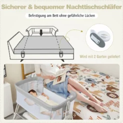 2 in 1 Beistellbett & Stubenwagen mit 7 Verstellbaren Höhen & Matratze & Tragetasche & Gurte