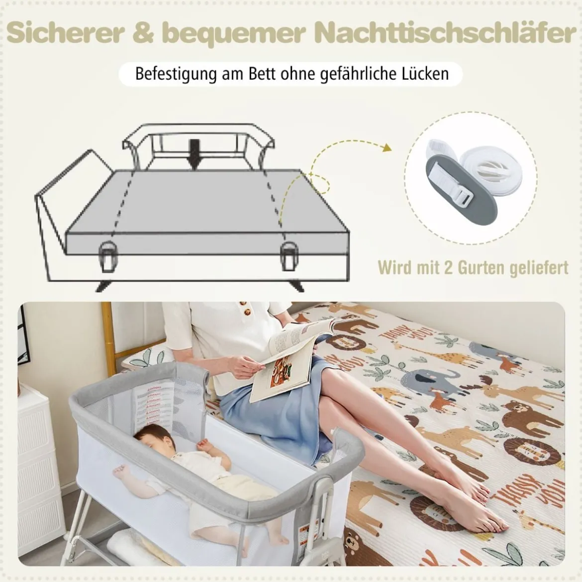 2 in 1 Beistellbett & Stubenwagen mit 7 Verstellbaren Höhen & Matratze & Tragetasche & Gurte