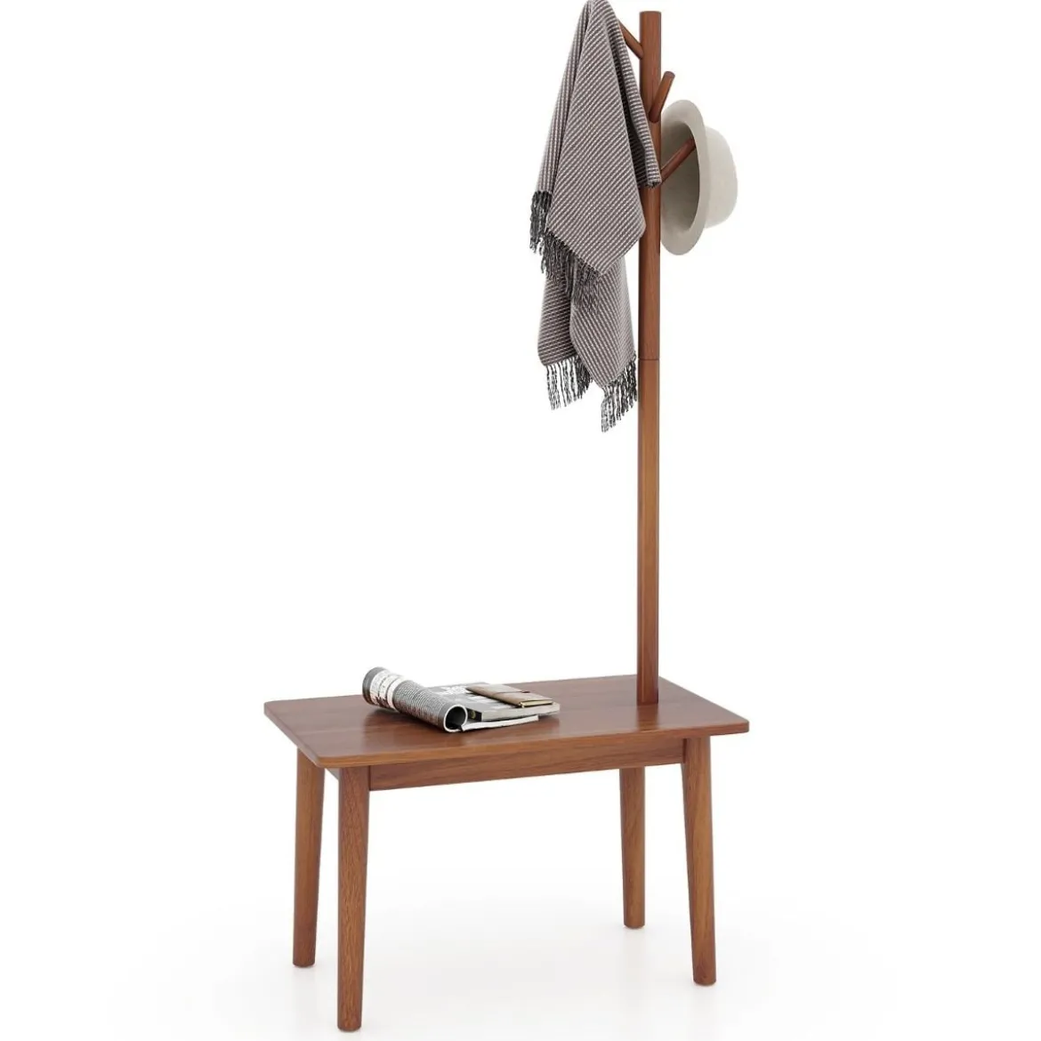 3 in 1 Beistelltisch aus Massivholz Garderobenständer mit Schuhbank 76 x 43 x 168 cm
