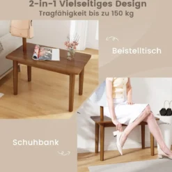 3 in 1 Beistelltisch aus Massivholz Garderobenständer mit Schuhbank 76 x 43 x 168 cm