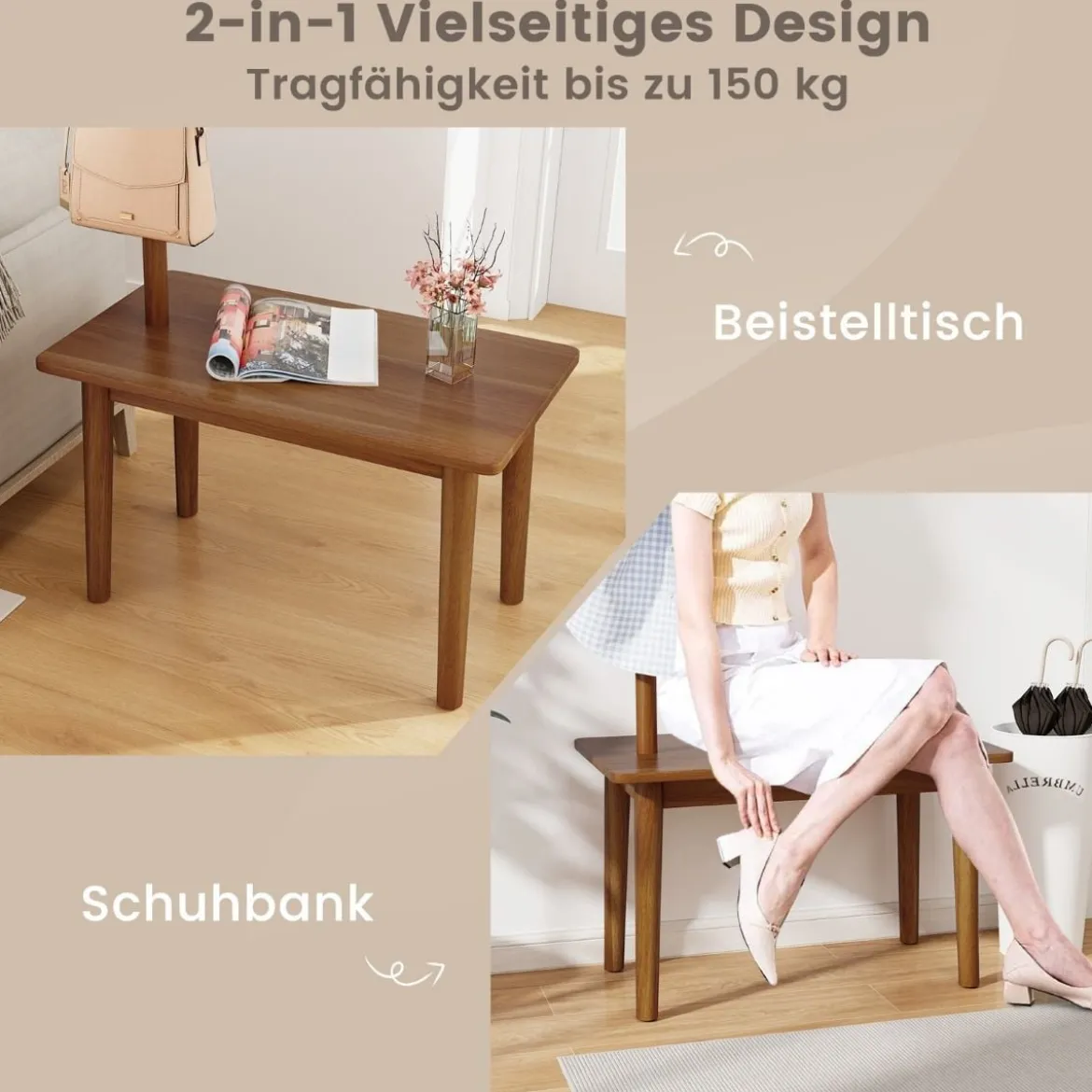 3 in 1 Beistelltisch aus Massivholz Garderobenständer mit Schuhbank 76 x 43 x 168 cm