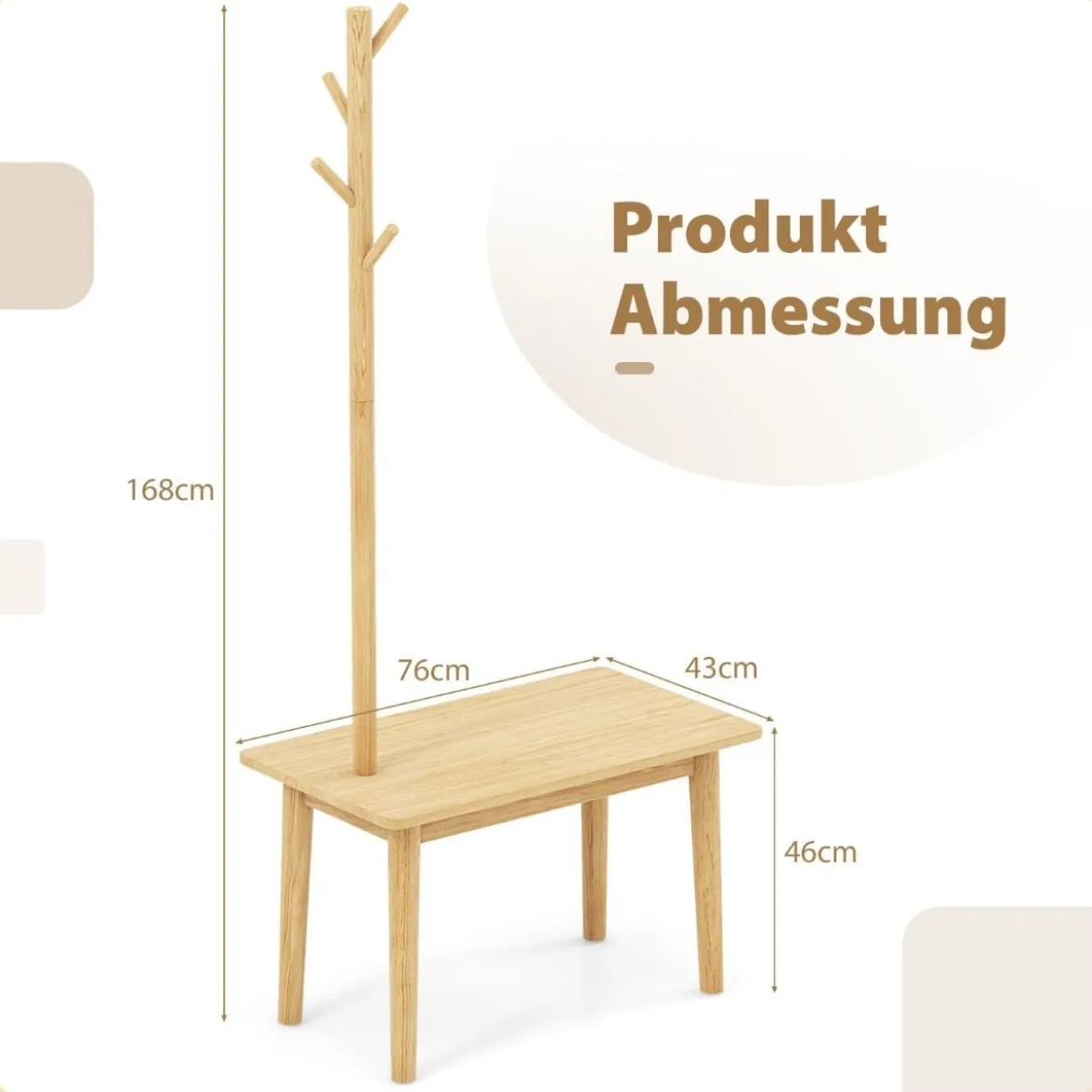 3 in 1 Beistelltisch aus Massivholz Garderobenständer mit Schuhbank 76 x 43 x 168 cm