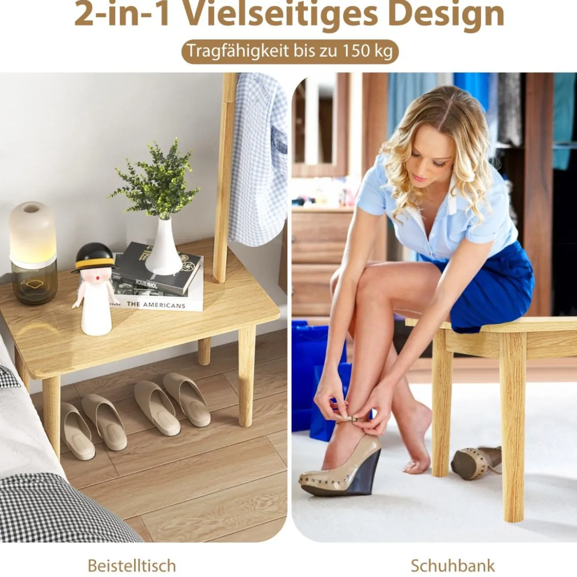 3 in 1 Beistelltisch aus Massivholz Garderobenständer mit Schuhbank 76 x 43 x 168 cm