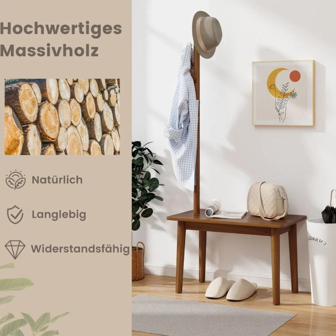 3 in 1 Beistelltisch aus Massivholz Garderobenständer mit Schuhbank 76 x 43 x 168 cm