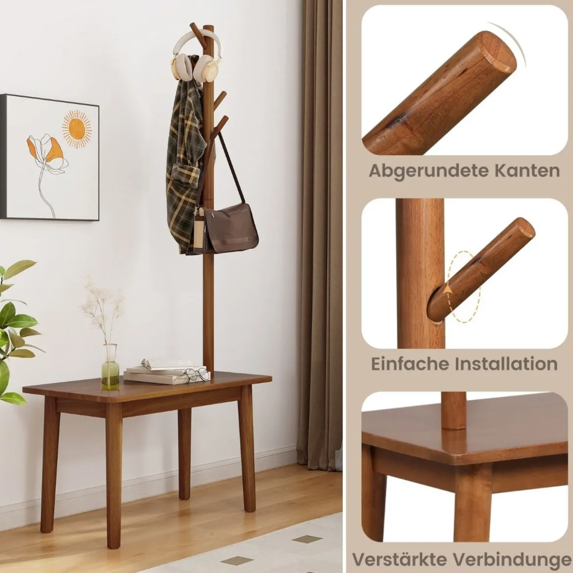 3 in 1 Beistelltisch aus Massivholz Garderobenständer mit Schuhbank 76 x 43 x 168 cm