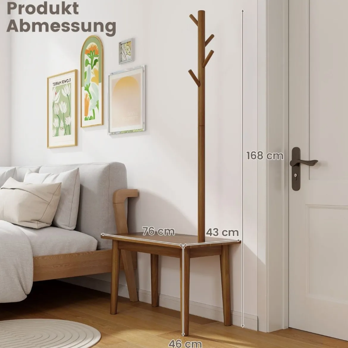 3 in 1 Beistelltisch aus Massivholz Garderobenständer mit Schuhbank 76 x 43 x 168 cm