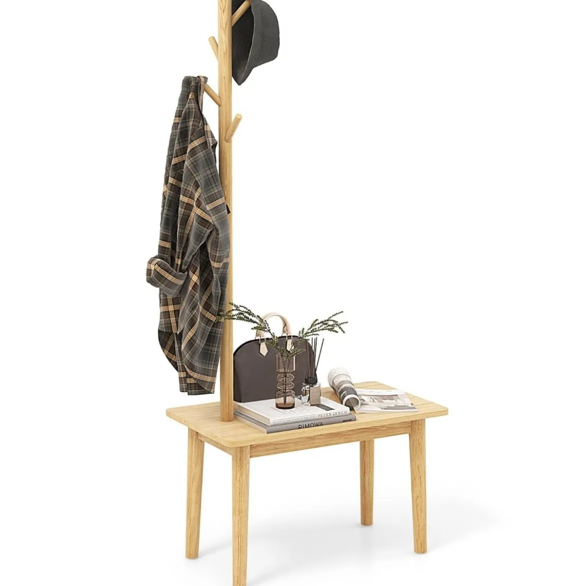 3 in 1 Beistelltisch aus Massivholz Garderobenständer mit Schuhbank 76 x 43 x 168 cm