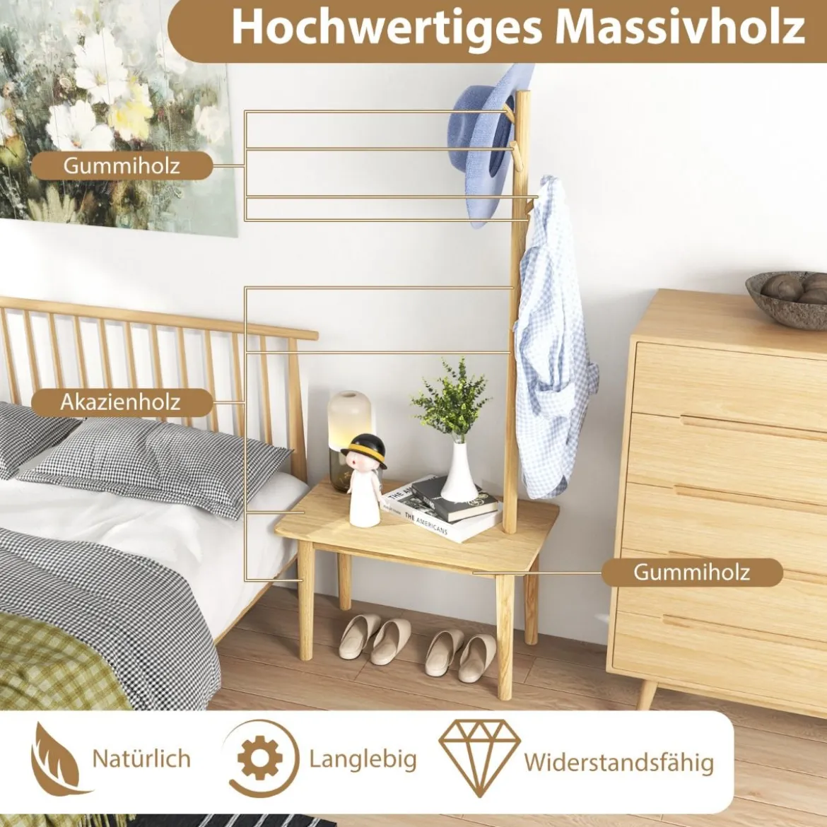 3 in 1 Beistelltisch aus Massivholz Garderobenständer mit Schuhbank 76 x 43 x 168 cm