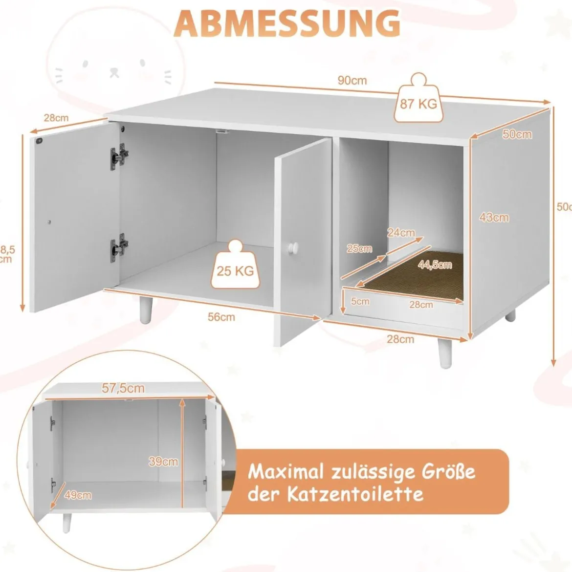 2 in 1 Beistelltisch & Katzenschrank mit Kratzbrett Katzentoilette 90 x 50 x 50 cm Kaffeetisch Weiß