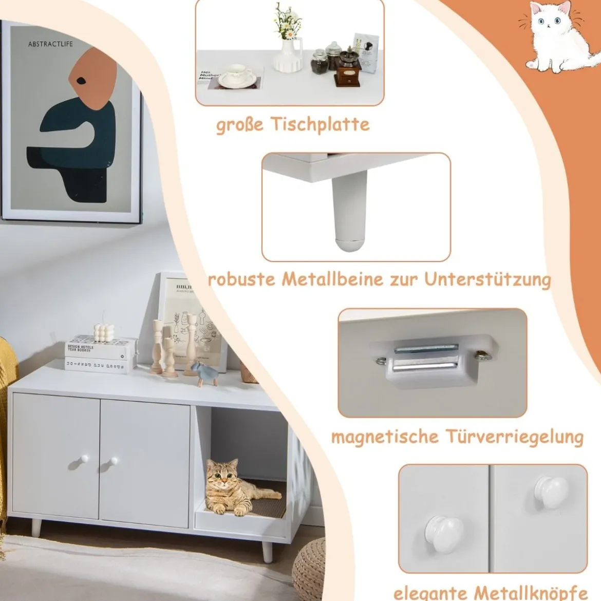 2 in 1 Beistelltisch & Katzenschrank mit Kratzbrett Katzentoilette 90 x 50 x 50 cm Kaffeetisch Weiß