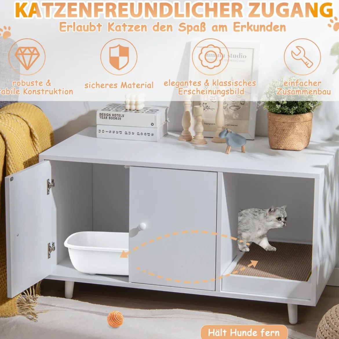 2 in 1 Beistelltisch & Katzenschrank mit Kratzbrett Katzentoilette 90 x 50 x 50 cm Kaffeetisch Weiß