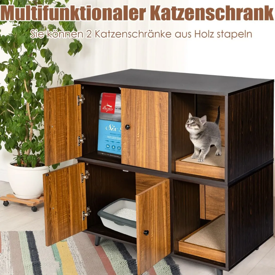 2 in 1 Beistelltisch & Katzenschrank mit Kratzbrett Katzentoilette 90 x 50 x 50 cm