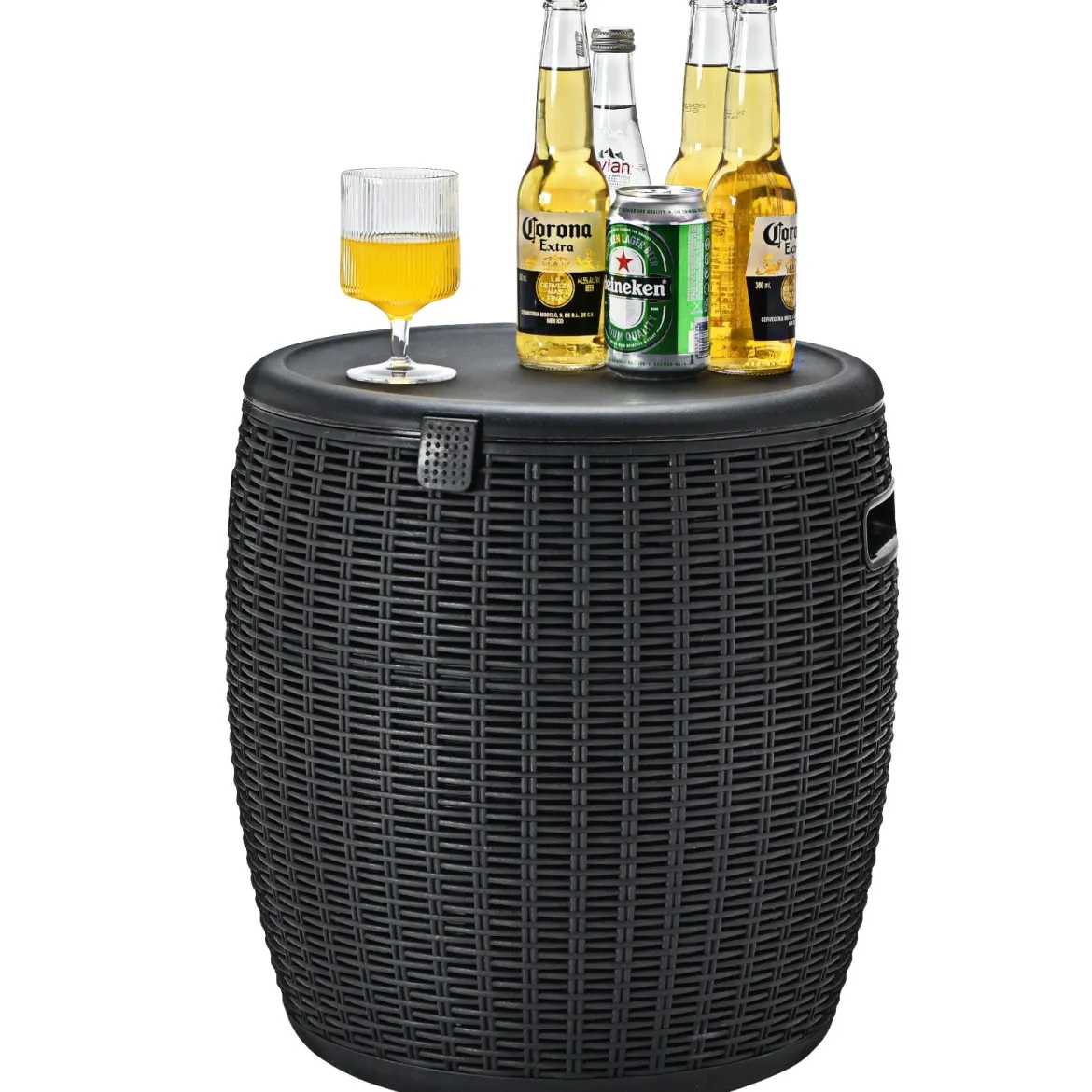 3 in 1 Beistelltisch 45L Kühlbox Hocker Getränkekühler Gartentisch 150KG belastbar Eiskühler Schwarz